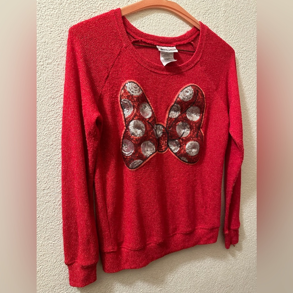 Disney Parks Sweater Pullover Top Women Red Minnie Mouse Sequined Bow Size XS